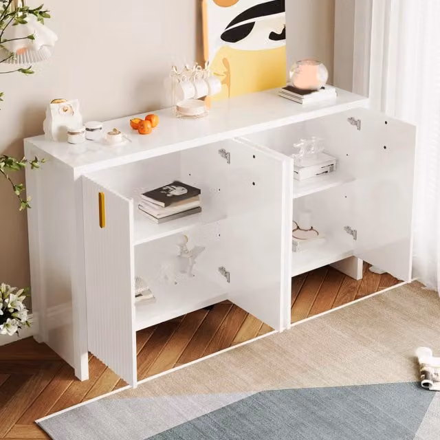 Sideboard moderno WISHDOR bianco lucido con maniglie oro e ripiani interni regolabili L: 140 cm, P: 38 cm, H: 80 cm