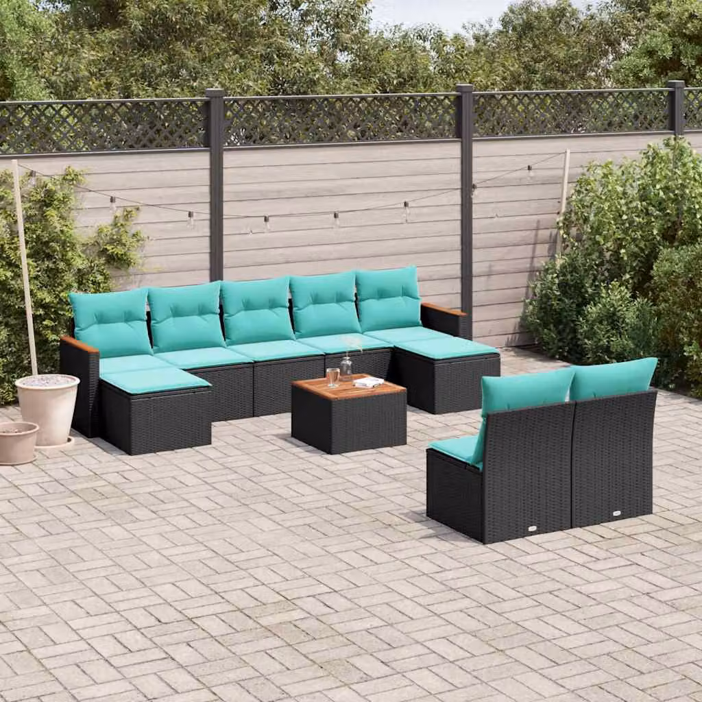 Set di divani da giardino vidaXL 10 pezzi in rattan con cuscini, colore nero, blu e turchese, con struttura in metallo e tavolino da caffè