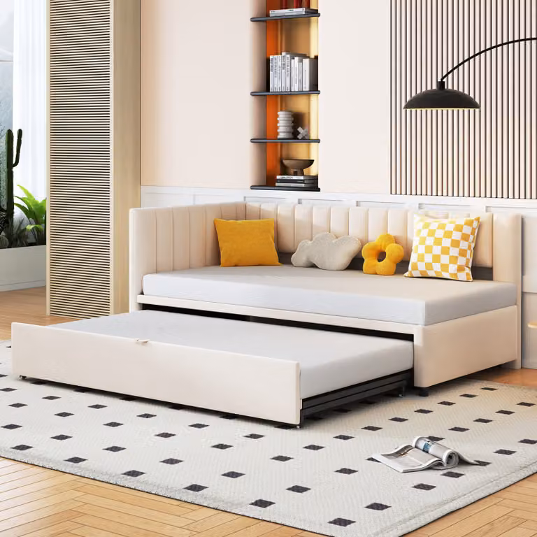 MODFU Divano letto a L con letto estraibile 90/180*200 cm, divano letto imbottito multifunzionale, letto per bambini e ragazzi, beige (senza materasso)