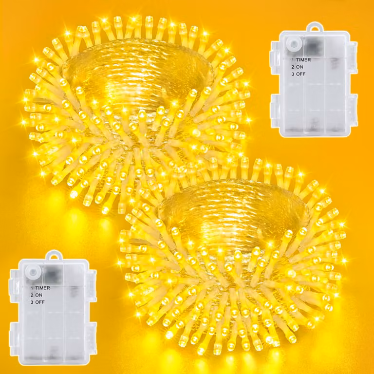 Catena luminosa da esterno, 5 metri, 50 LED, luce bianco caldo, grado di protezione IP65, con timer, alimentazione a batteria, confezione da 2