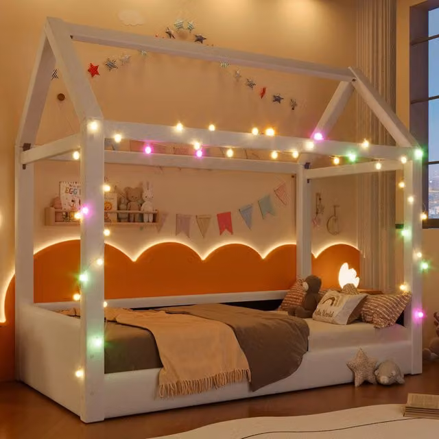 Letto a casetta singolo OKWISH in lino e MDF beige con luci LED sottostante, dimensioni 90 x 200 cm