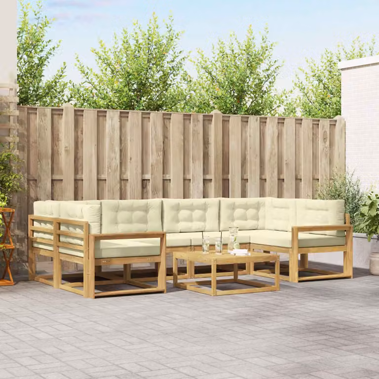 vidaXL Set di divani da esterno a L in legno di acacia con tavolo da caffè, 5 pezzi, Bianco e Beige