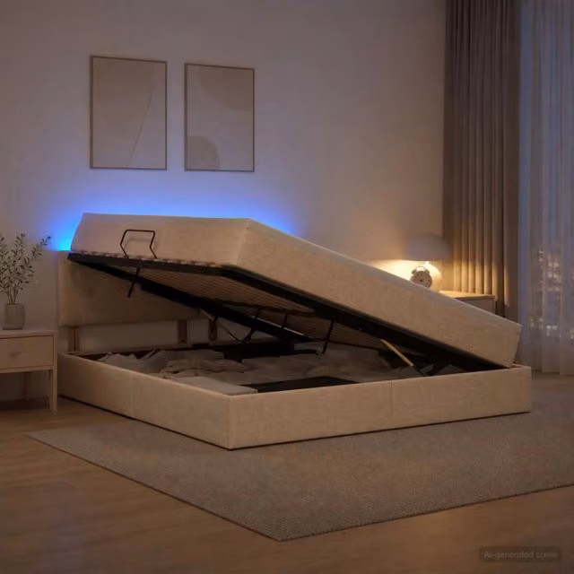 Letto con contenitore vidaXL in tessuto beige con illuminazione LED e porte USB, comprensivo di materasso a molle, L/P/H: 180 x 200 x 140 cm – 1
