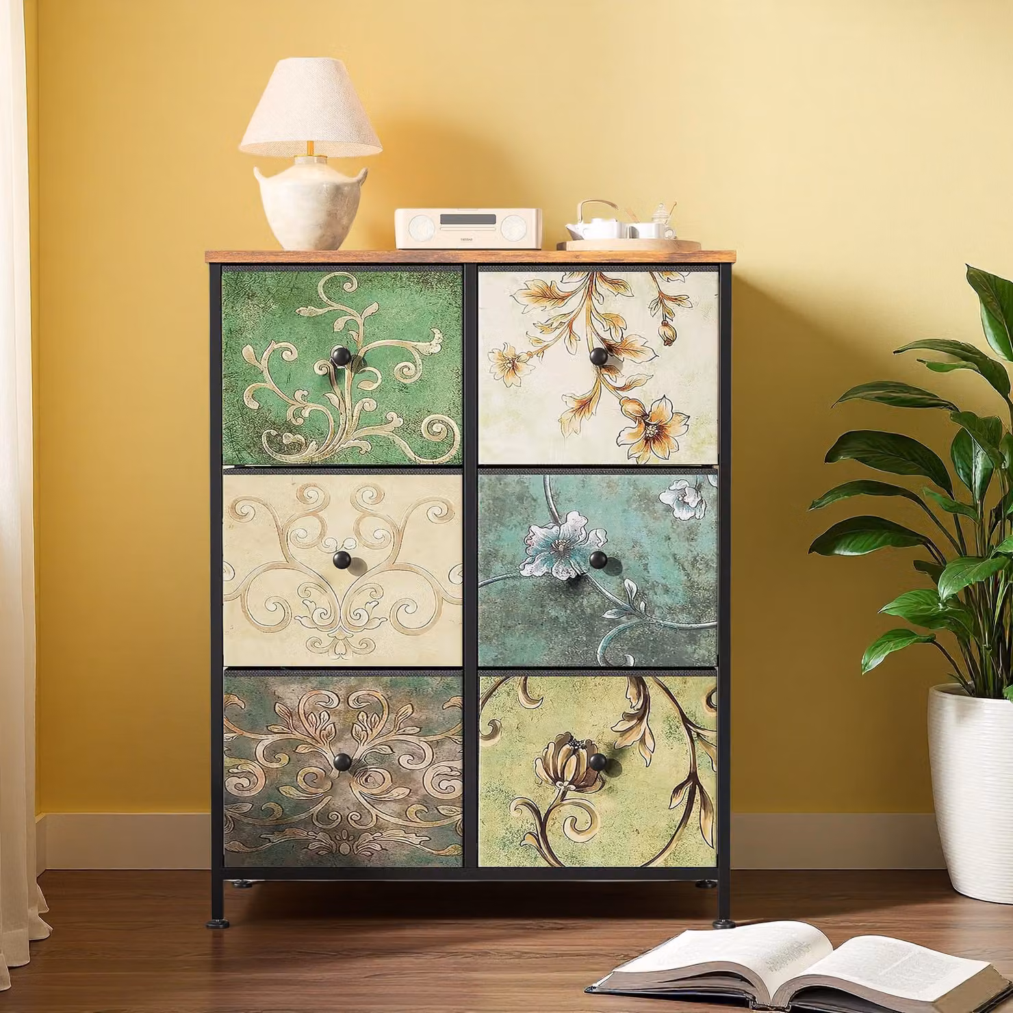 Comodino INONEFT con 6 cassetti, mobiletto portaoggetti retrò con piano in legno, cassetti in tessuto e struttura in metallo, adatto per camera da letto o soggiorno, dimensioni 30x67x86 cm