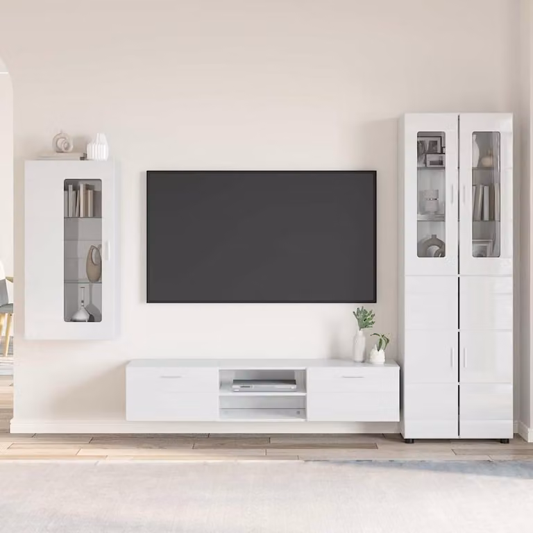 Set mobile TV moderno vidaXL FLORIN in 3 pezzi Bianco Lucido e Legno MDF L/P/H: 150 x 39 x 30 cm