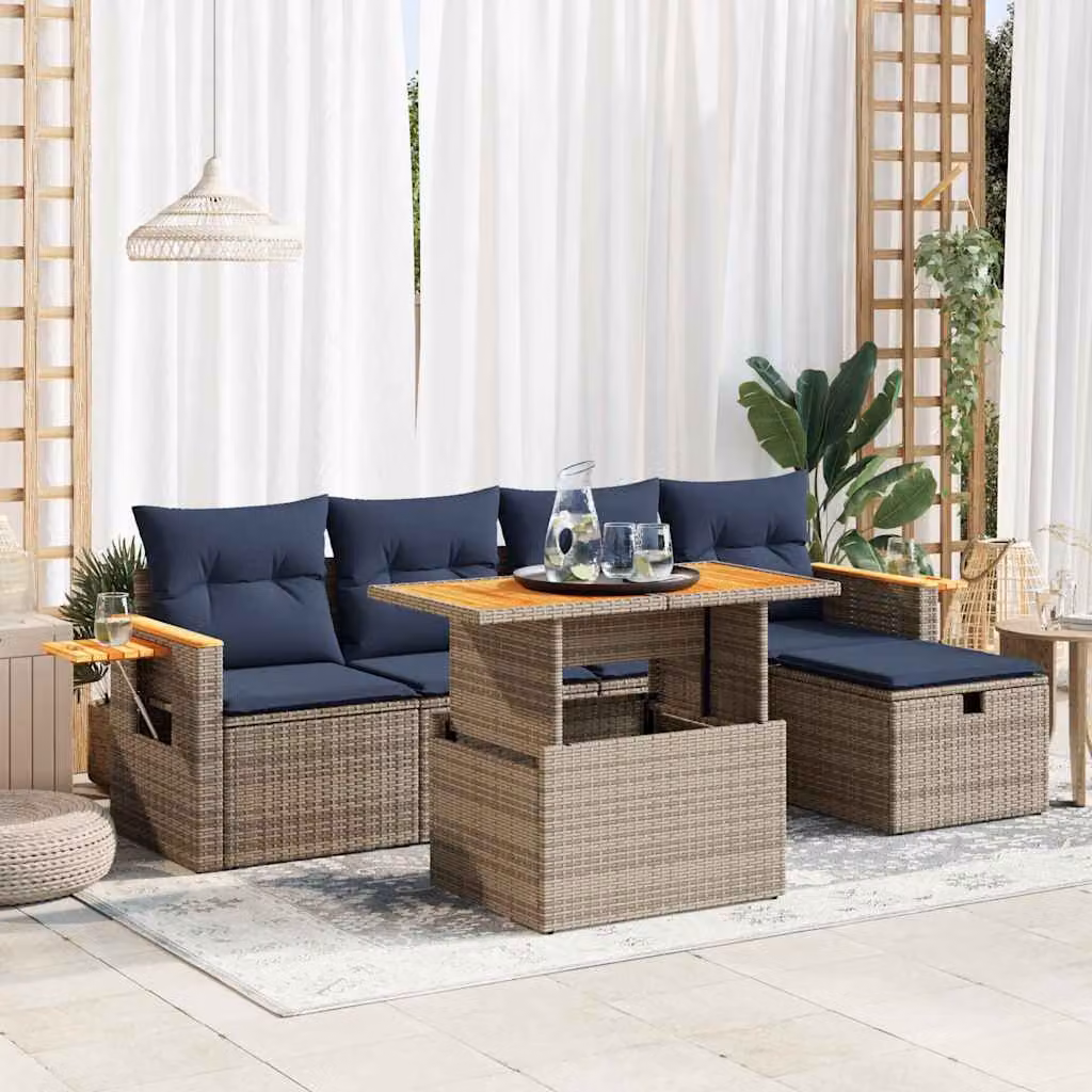 Set Divano da Giardino vidaXL 6 Pezzi con Cuscini in Polyrattan e Legno di Acacia Grigio e Blu