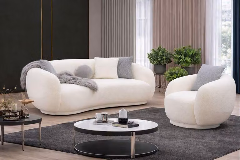 Weiße Wohnzimmer Polstergarnitur Designer 3-Sitzer Rundsessel 2tlg