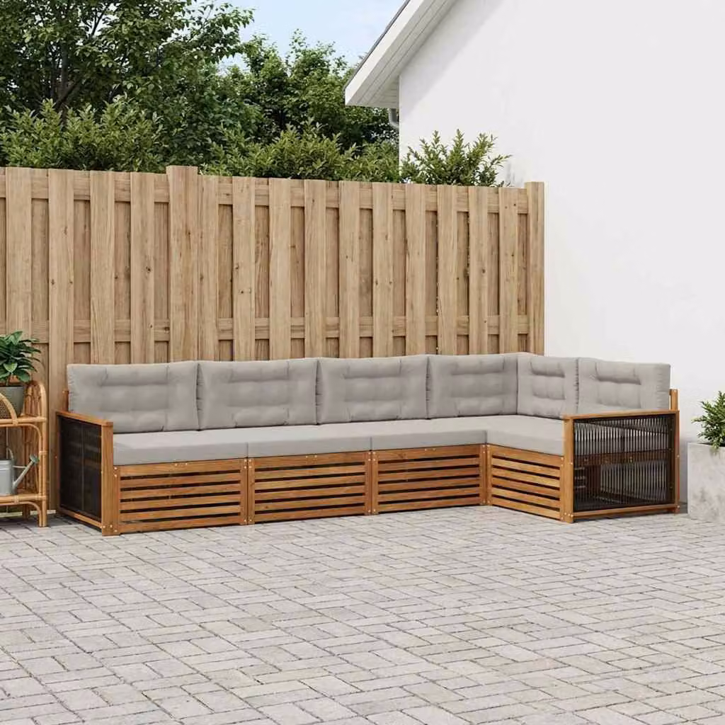 Set di divani da esterno vidaXL a forma di L in legno di acacia con cuscini, beige e grigio