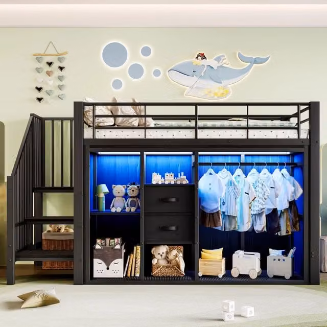 Letto semialto 90x200 cm in metallo e MDF; con due cassetti; armadio aperto e luci LED multicolore; nero