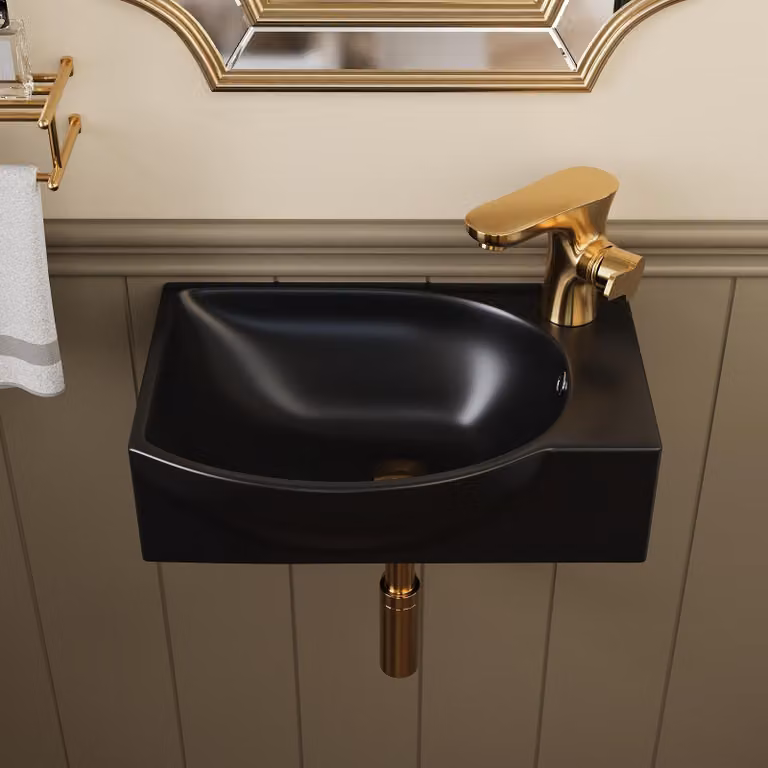 DeerValley lavabo piccolo bianco - Mini lavabo a parete in Vetroceramica con interno più ampio, lavabo a sinistra e foro per la rubinetteria a destra, ideale per i WC degli ospiti