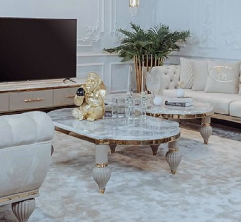 Casa Padrino tavolino Art Deco grigio / bianco / oro 160 x 87 x h. 46 cm - Magnifico tavolo da salotto in legno massello con piano in finto marmo - Mobili da salotto Art Deco