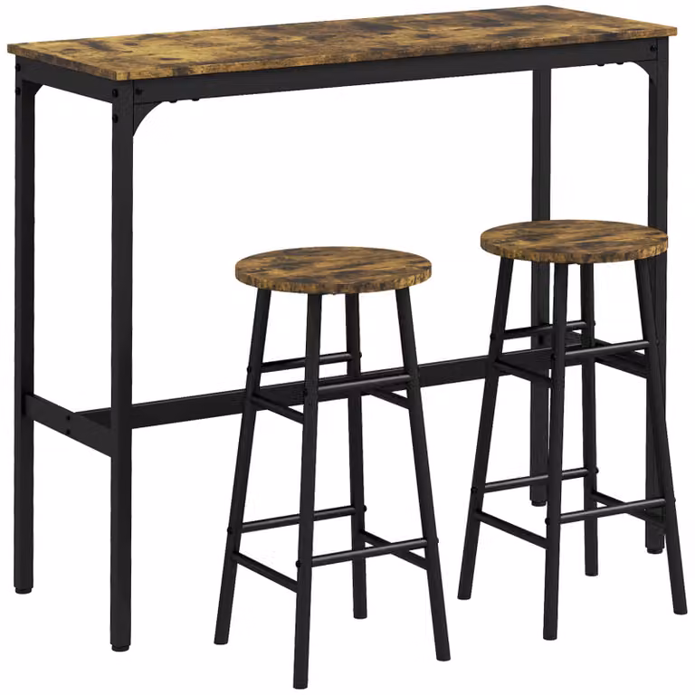 Set da bar Moonbite, 3 pezzi, stile industriale, tavolo da 105 cm con 2 sgabelli, pannelli effetto legno in struttura in acciaio, poggiapiedi, piano in MDF e struttura in acciaio, colore marrone