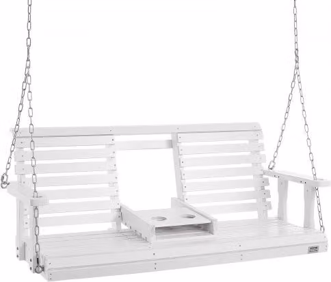 Altalena da portico VEVOR in legno trattato con catene, panca da giardino bianca con braccioli e portabicchieri, L: 152,3 cm, P: 71,0 cm, H: 60,0 cm