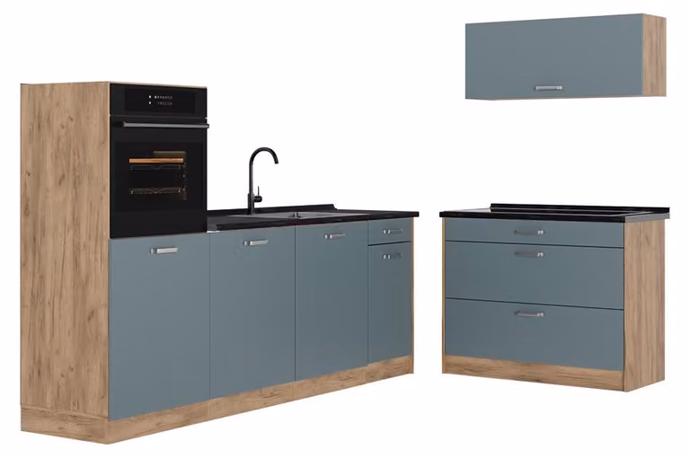 Cucina componibile Vicco R-Line Grigio-blu/Rovere dorato 220 cm senza piano di lavoro, Model 67436