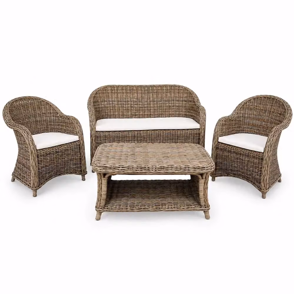 Set da giardino Okaffarefatto in polyrattan grigio con divanetto a 2 posti, 2 poltrone e tavolino da esterno e cuscini inclusi – 2