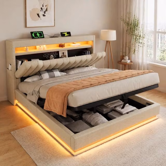 Letto matrimoniale 180 × 200 cm con vano contenitore idraulico in lino beige LED USB e tipo C