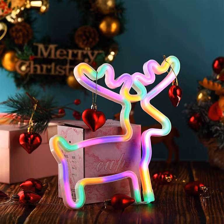 Insegna al neon LED renna colorata 25x28 cm - Decorazione natalizia da parete con cervo - Alimentazione USB e a batteria