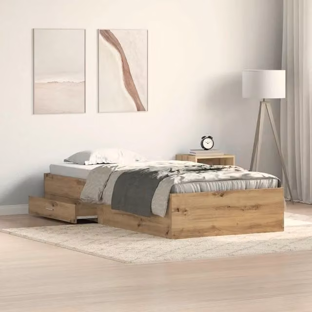 Struttura letto con cassetto vidaXL in legno color rovere, stile rustico, L/P/H: 200 x 90 x 93 cm