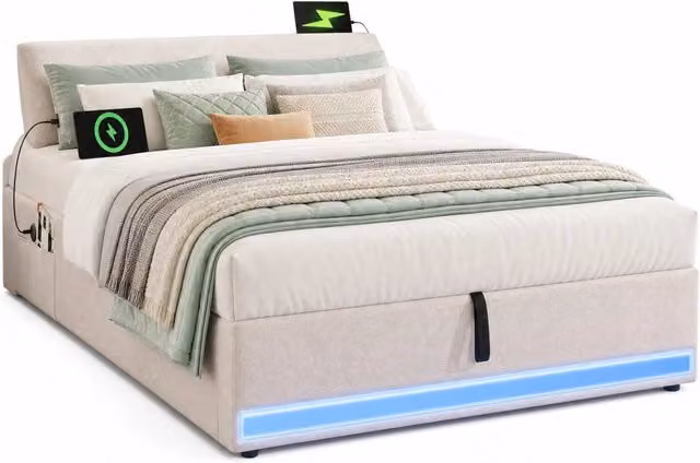 Letto contenitore 90x200 cm in lino beige con LED e USB-C, senza materasso