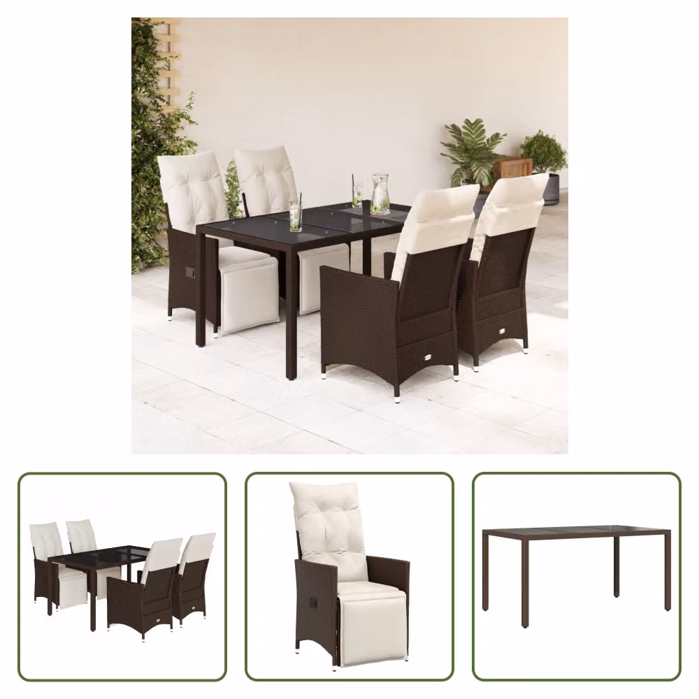 The Living Store Set bistrot da giardino 5 pezzi con cuscini in poly rattan marrone
