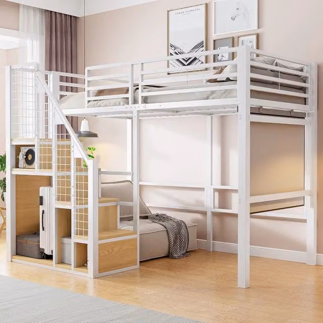 Letto a Soppalco con Scala di Sicurezza ¨C MINIMAL ¨C Singolo 90x200, Metallo, Bianco