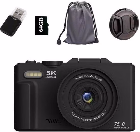 Fotocamera digitale 5K con sensore da 75 MP, Wi-Fi, memoria da 64 GB, zoom 18x e display LCD da 3,0" per scatti compatti in viaggio.