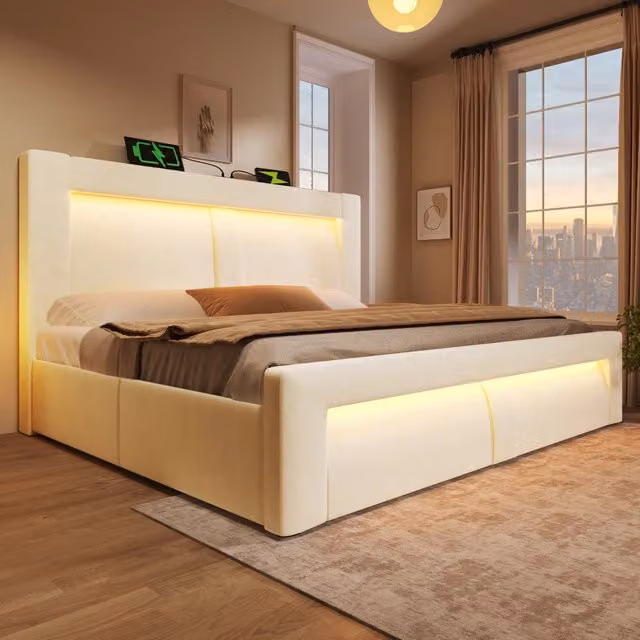 Letto contenitore imbottito in velluto 160 x 200 cm, letto matrimoniale con contenitore idraulico, LED, USB, Type-C e testiera curva, beige
