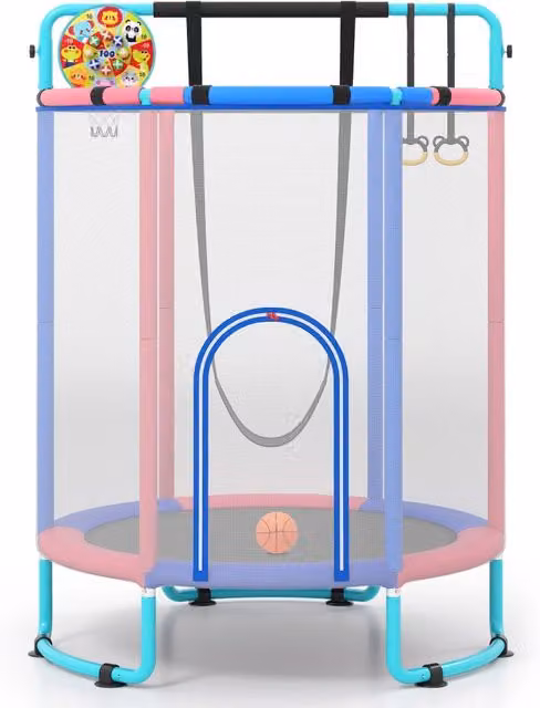 Trampolino per bambini 60" rialzato con rete prot. 6in1, Trampolino altalena/anelli/canestro/bersaglio/sbarra int/ext3+ Blu