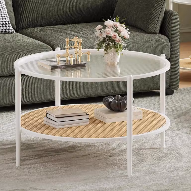 Tavolino in rattan - Rotondo 78 cm - 2 ripiani - Piano in vetro temperato con motivo a onde - Stile antico - Rosso vino