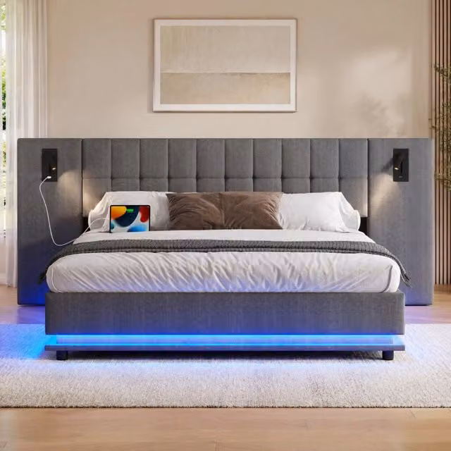 Letto imbottito 180x200 cm con LED; testiera con spot e porta USB; rivestimento in lino grigio