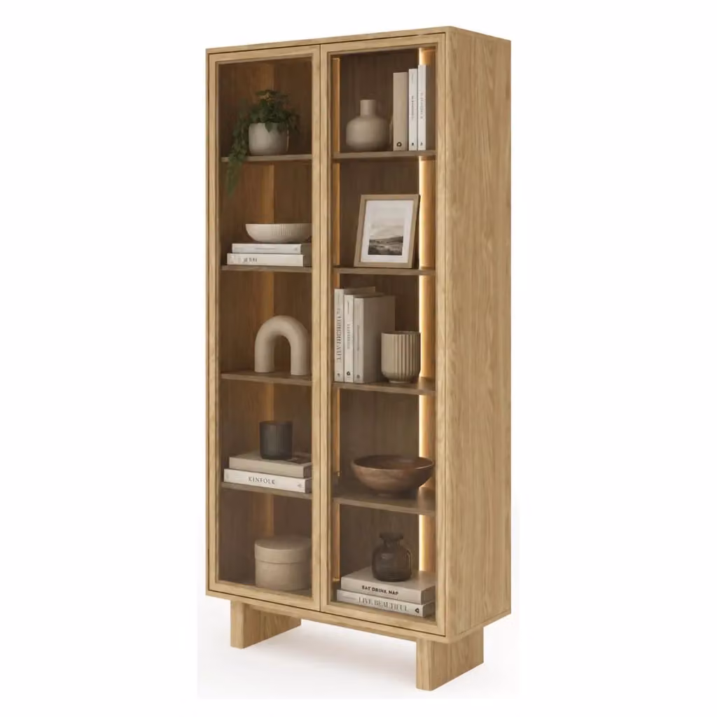 Vetrina Espositore DMORA Hasa con Ante in Vetro e Illuminazione Integrata, Colore Marrone Rovere, L: 94 cm, P: 38 cm, H: 195 cm – 2