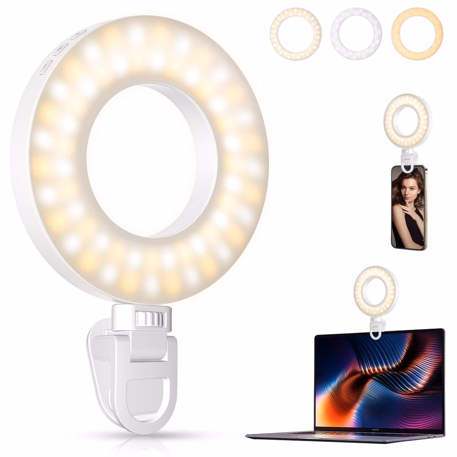 ZELURXX Lampada ad anello per selfie portatile 3 temperature di colore 4 livelli di luminosità Ricaricabile USB Telefono cellulare Laptop, bianco