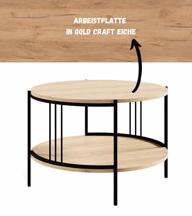 Tavolino All4All, rotondo, ideale per il soggiorno, con gambe in metallo, design elegante, gambe moderne, tavolino da caffè, stile loft, dimensioni 75x50 cm, 27 pezzi, finitura oro e noce