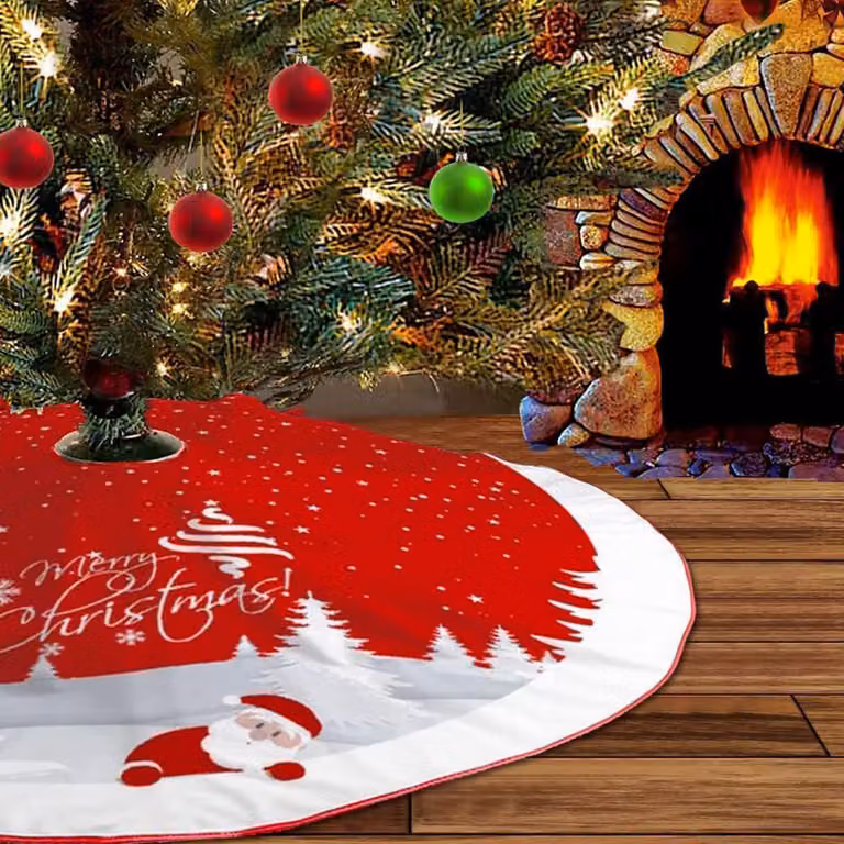 Copri albero di Natale, rosso, rotondo, con decorazioni a fiocchi di neve e Babbo Natale, diametro 120 cm