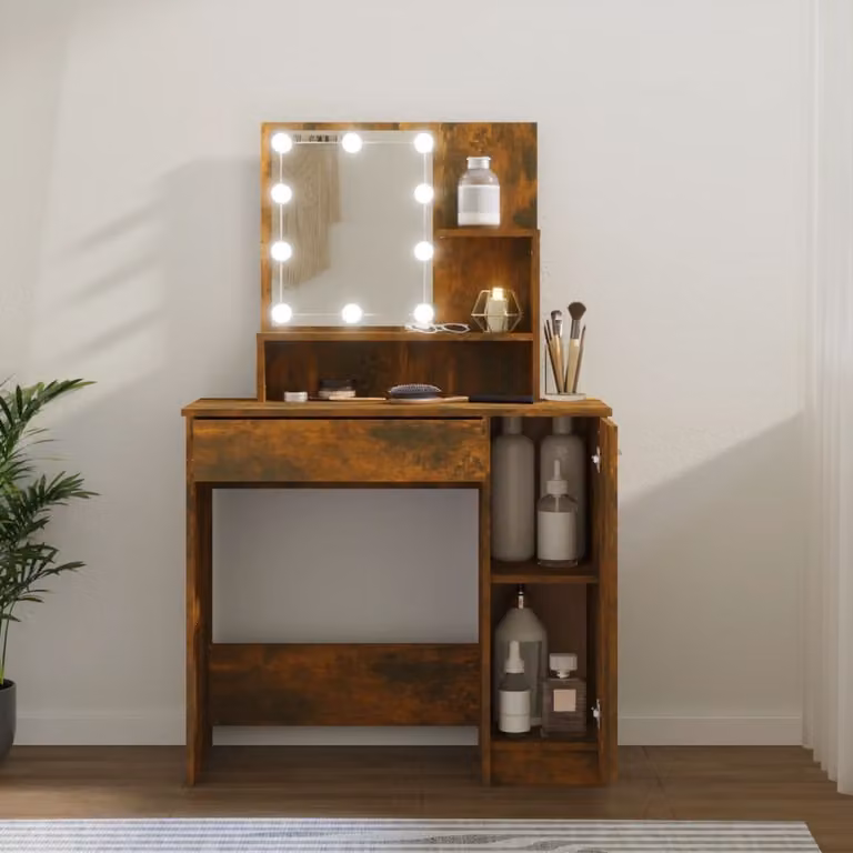 The Living Store Comodino con LED in rovere fumé 86,5x35x136 cm