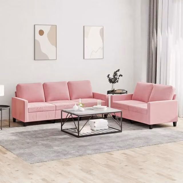 Set di 2 divani vidaXL in velluto rosa con cuscini per soggiorno in stile moderno