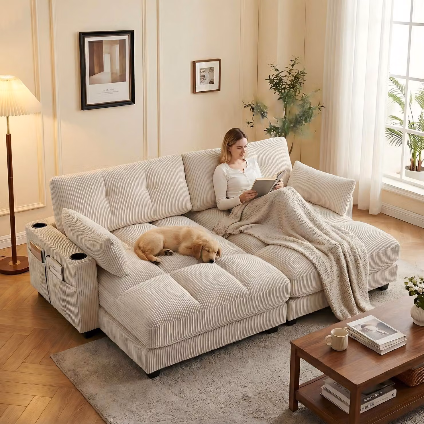 Divano letto LVHOM con USB e portabicchieri, divano a 2 posti, reclinabile con tasche laterali, poltrona lounge da pavimento, schienale regolabile, beige