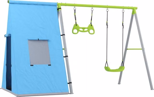 Set da gioco 3-in-1 AIYAPLAY con altalena, tenda e anelli da ginnastica in metallo e plastica, verde e blu – 1