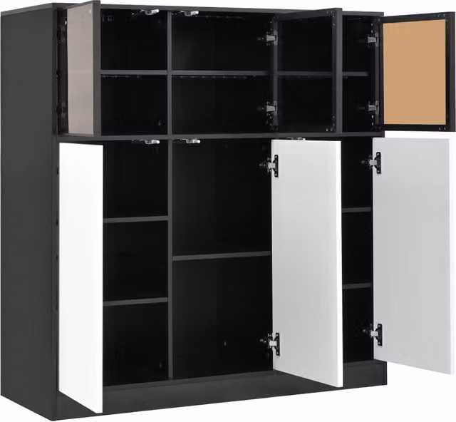 Credenza moderna con ante in vetro e illuminazione LED per soggiorno e cucina, nero e bianco, L 100 cm x P 40 cm x H 105 cm