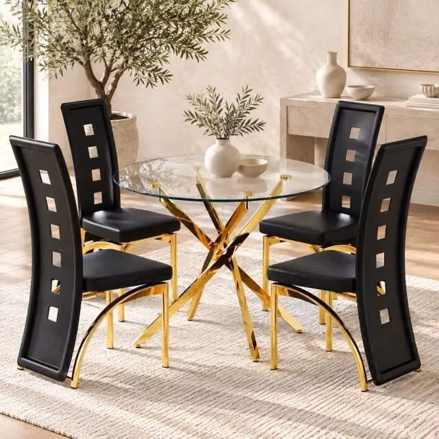 Set tavolo e 4 sedie Mivray moderno con tavolo rotondo in vetro trasparente e sedie nere e oro