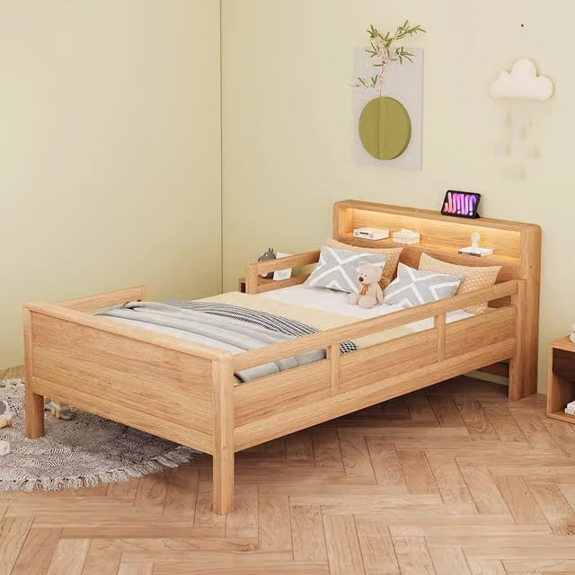 Letto bambino-Xylo-90x200 cm-USB-C, LED, testiera contenitore, legno pino