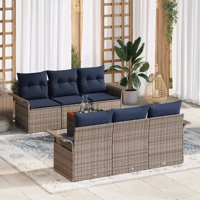 Set Divano da Giardino 7 pz 6-Numero di posti Grigio e Blu Navy 3355945