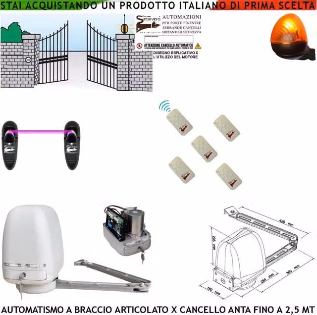 KIT MOTORE A BRACCIO ARTICOLATO 230/24 V CANCELLO AUTOMATICO ANTA BATTENTE DA 0,5 A 2,5 MT CENTRALE 5 RADIOCOMANDI FOTOCELLULE FARO