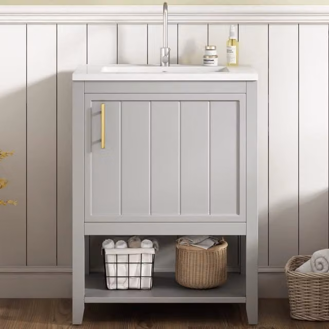 Mobile bagno WISHDOR moderno grigio lucido con lavabo in ceramica e ripiani interni
