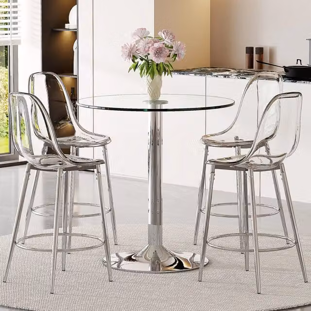 Tavolo da pranzo rotondo in vetro con 4 sgabelli trasparenti, base in metallo, per cucina e bar, Ø 89 cm
