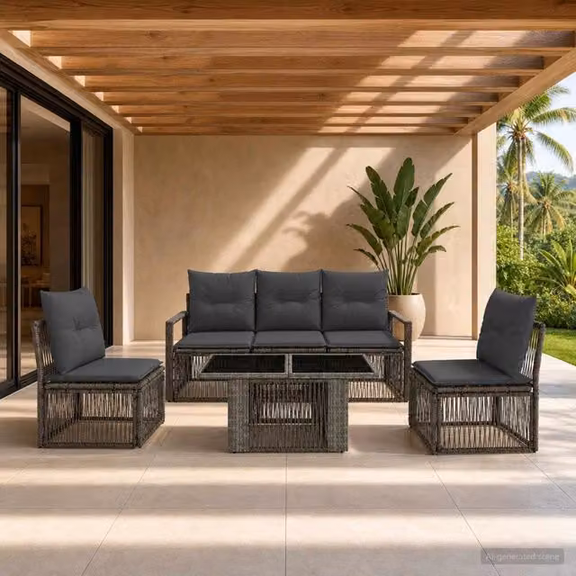 Set Divano da Giardino 6 Pezzi vidaXL in Polyrattan Grigio e Antracite con Tavolino e Cuscini