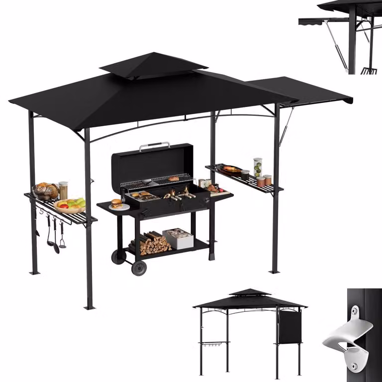 Gazebo per barbecue con tenda laterale, tetto a doppia falda, resistente alle intemperie, in acciaio nero, con ripiani e ganci