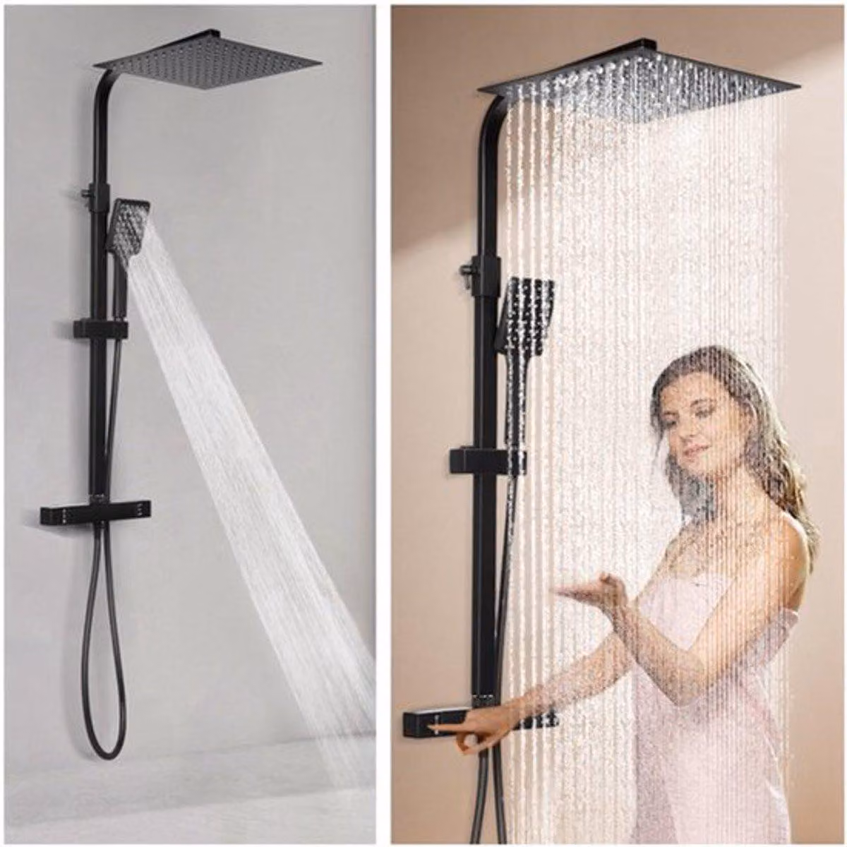 Set doccia a soffitto, colore nero opaco - Miscelatore termostatico - Bocchetta doccia quadrata da 30 cm - Montaggio a parete