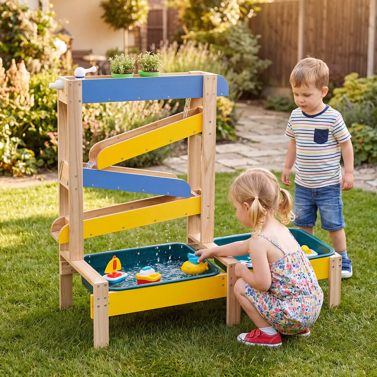 Tavolo gioco acqua e sabbia Costway in legno e plastica multicolore con rubinetto e vasche per bambini