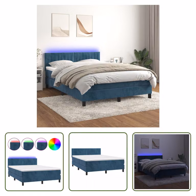 The Living Store Letto a molle con materasso e LED in velluto blu scuro 140x190 cm